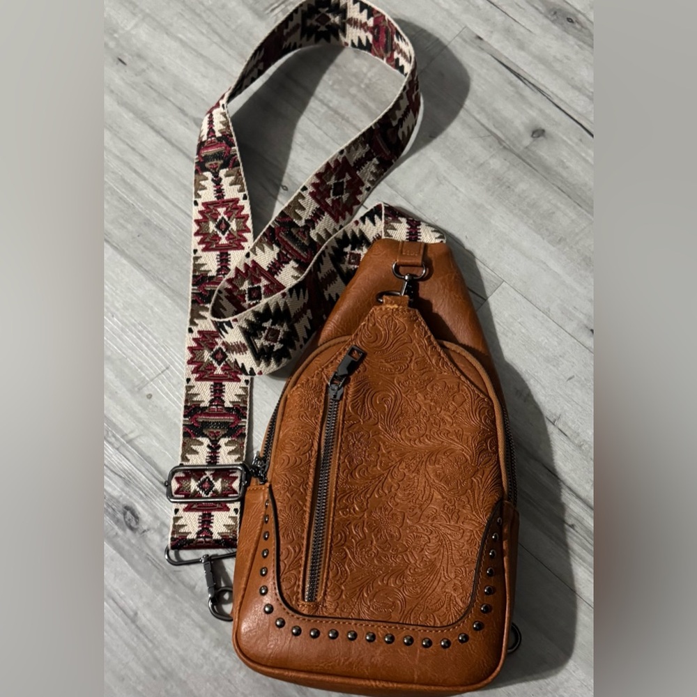 Brown Embossed Crossbody Bag with Patterned Strap